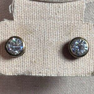 Vintage CC Sterling Silver Round CZ Stud Earring Bezel Setting Post Gold Vermeil